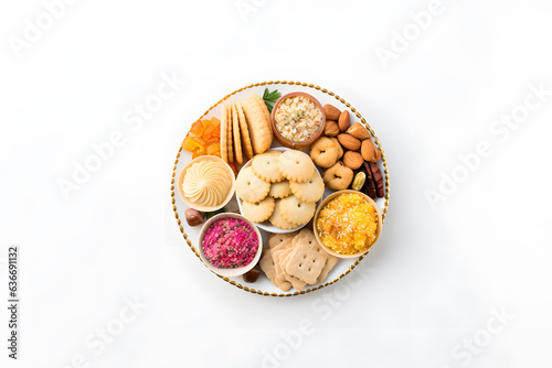 A festive top view of a plate filled with Diwali sweets 