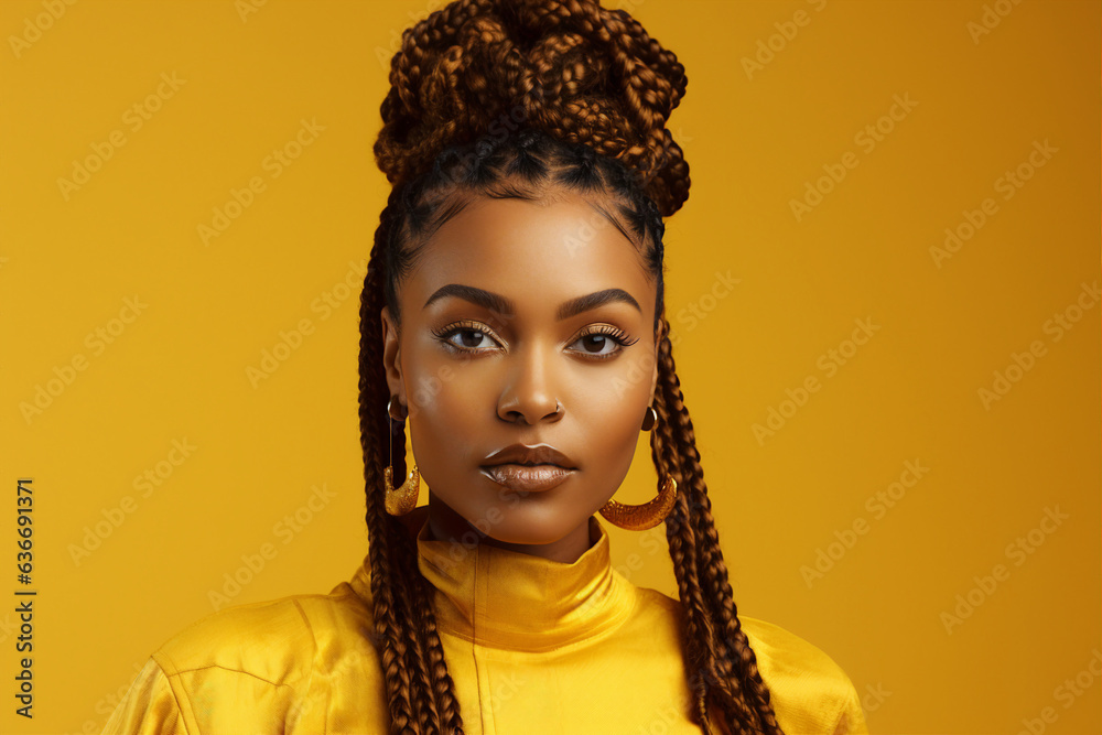 Generative ai collage photo of lady hipster in bright outfit with dreadlocks hairdo on vivid color background Generative ai collage photo of lady hipster in bright outfit with dreadlocks hairdo on vivid color background