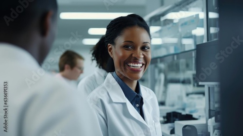 Smiling black female researcher talking to her colleagues