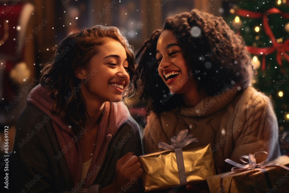 Portrait of young girls with gift boxes celebrating winter holidays.
