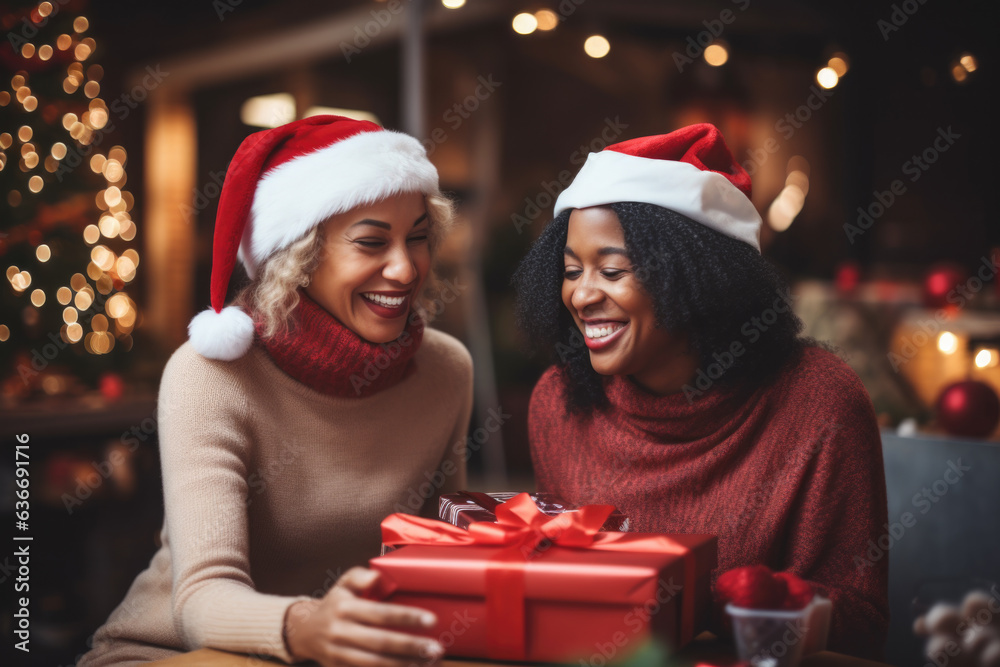 Portrait of two diverse girl friends wearing santa hats giving christmas gifts to each other.