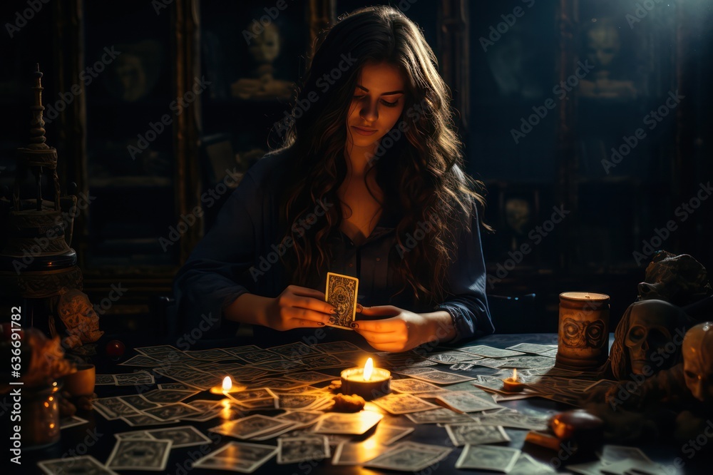 Fortune teller. Woman dealing tarot cards in dark salon with candlelight. Fortune teller. Woman dealing tarot cards in dark salon with candlelight.