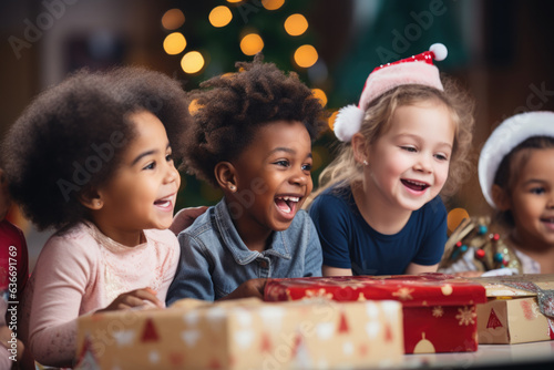 Happy diverse kids with gift boxes during Christmas holidays.