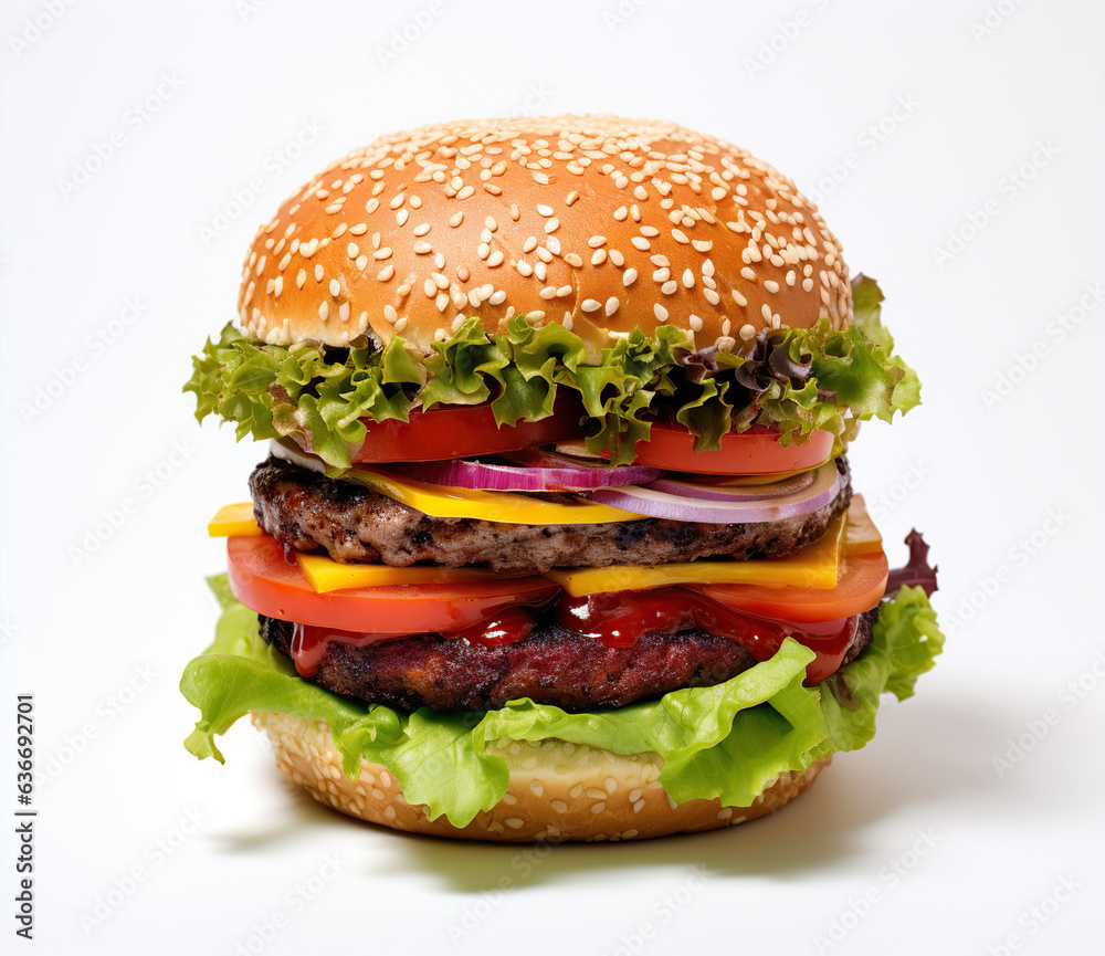 The perfect hamburger with cheese, bacon, pickles, tomato, onions and lettuce. Created with Generative AI The perfect hamburger with cheese, bacon, pickles, tomato, onions and lettuce. Created with Generative AI