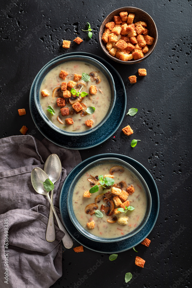 Creamy mushrooms soup as hot and aromatic starter. Creamy mushrooms soup as hot and aromatic starter.
