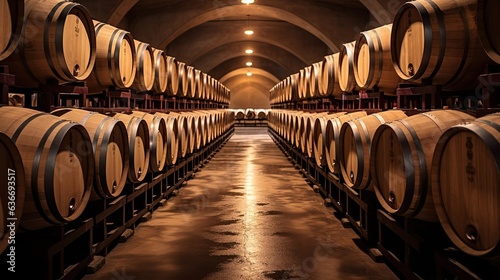 Wooden barrels with wine in a long wine cellar. Created using generative AI technology.