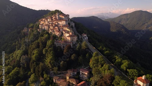 Aerial footage of the Sacro Monte of Varese, this sacred mount is a historic pilgrimage site and Unesco World Heritage for the Sanctuary of Santa Maria del Monte, Varese, Lombardy, Italy