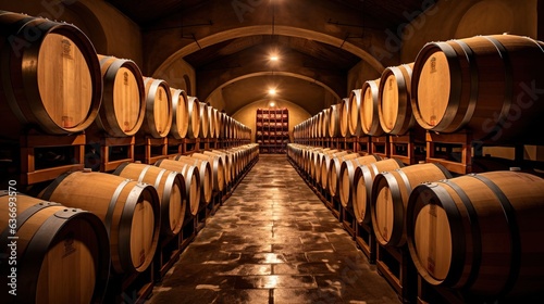 Wooden barrels with wine in a long wine cellar. Created using generative AI technology.