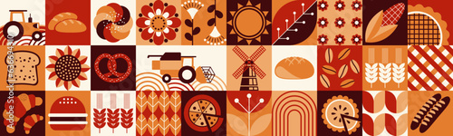 Autumn pattern. Agriculture, farming. Bakery. Bauhaus mosaic style. Simple geometric shapes. Textile background of fresh pastries, grains, bread, cakes, pies, fruits, flowers.