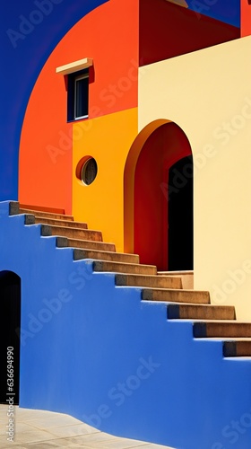 A stunning multicolored building with an intricate round window and sweeping outdoor stairs creates a unique blend of house and church, evoking a sense of awe and wonder