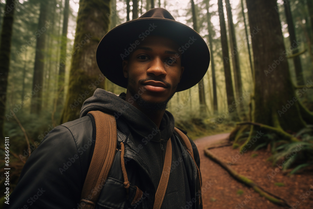 Generative AI picture image of wanderer person in touristic gear enjoying breathtaking forest hiking making shooting selfies Generative AI picture image of wanderer person in touristic gear enjoying breathtaking forest hiking making shooting selfies