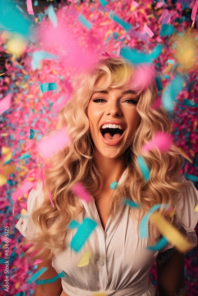 A happy woman with blonde hair stands in a pink and blue confetti-filled celebration, her clothing and smile full of joy and excitement for the fun outdoor party, 2024 new year or birthday