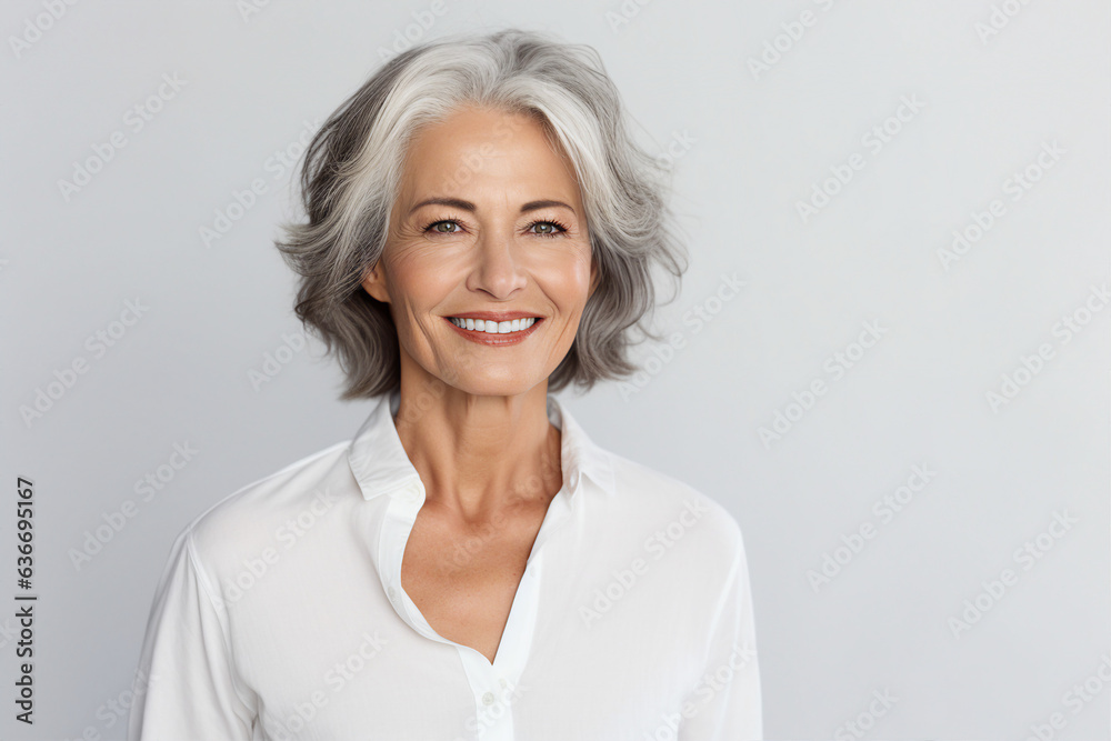 Generative AI portrait of senior charming female model smiling overjoyed and satisfied Generative AI portrait of senior charming female model smiling overjoyed and satisfied