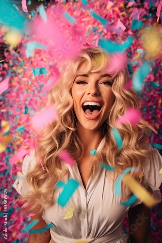 A happy woman with blonde hair stands in a pink and blue confetti-filled celebration, her clothing and smile full of joy and excitement for the fun outdoor party, 2024 new year or birthday