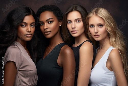 Generative AI portrait group of attractive female fashion models amazing appearance skin all races tones ethnicity