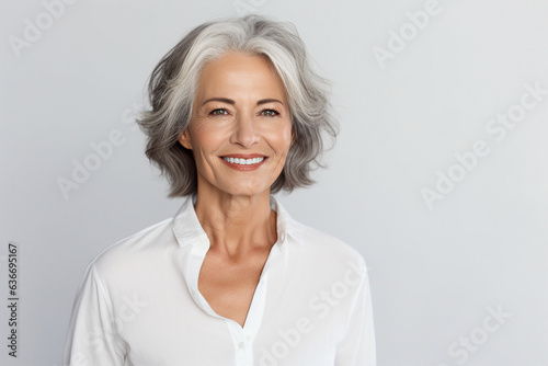 Generative AI portrait of senior charming female model smiling overjoyed and satisfied