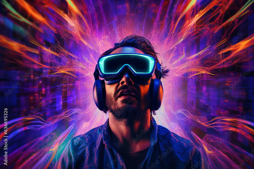 Generative ai collage image picture of person gamer in virtual reality using vr gadget device Generative ai collage image picture of person gamer in virtual reality using vr gadget device