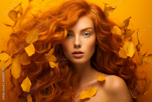 Generative AI picture of attractive redhead woman model symbolizing autumn season over background © Tetiana
