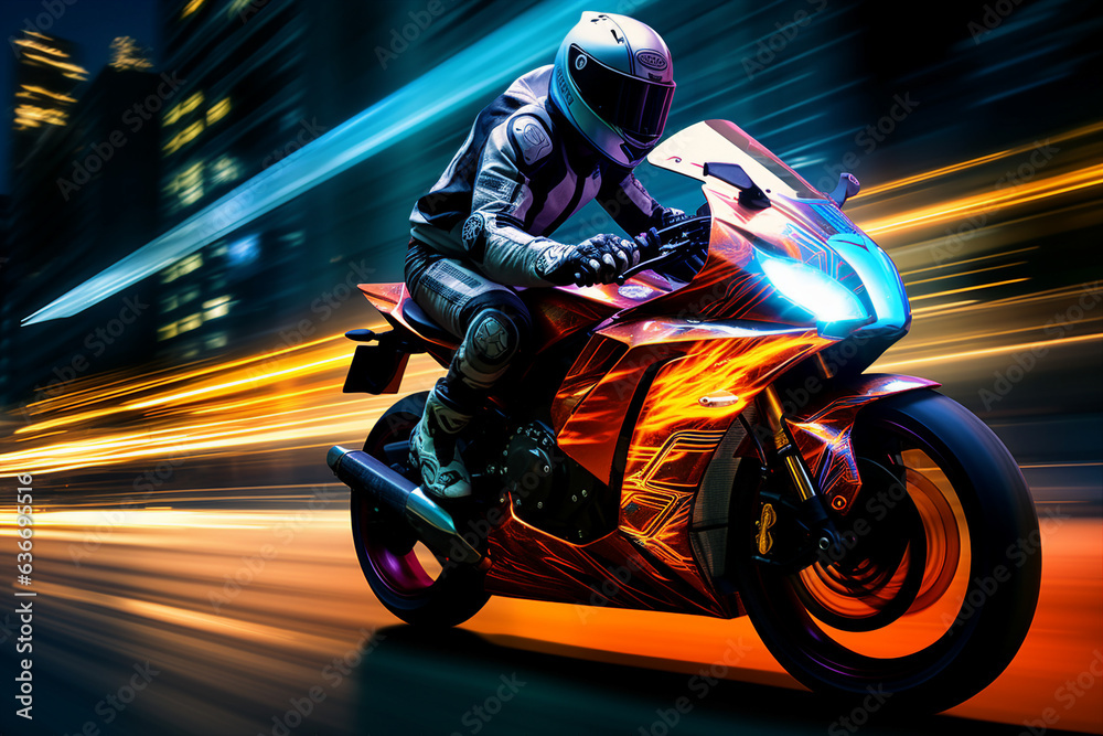 Picture of racing motorcycle with dynamic speed light trails in urban environment made with generative AI