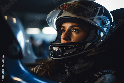 Generative AI digital portrait of a professional sports car racer in a helmet driving auto on the track