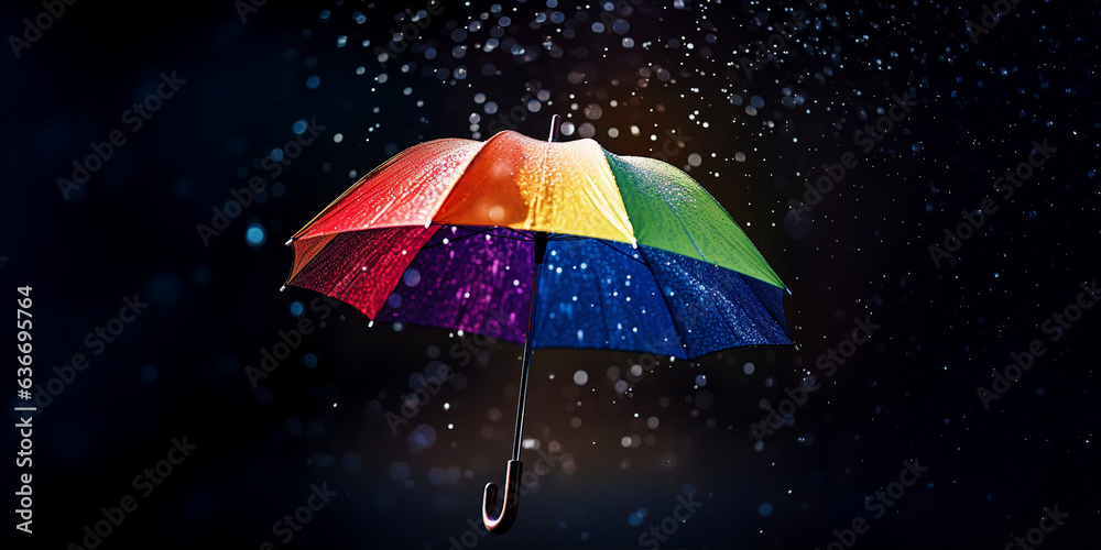 Multicoloured Umbrella Wet Rain Drops Weather Blurred Background
