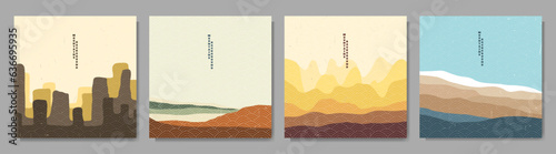 Vector illustration landscape. Japanese wave pattern. Mountain background. Asian style. Sea backdrop. Design for social media wallpaper, blog post template, card, poster. Ornament backdrop. Old paper