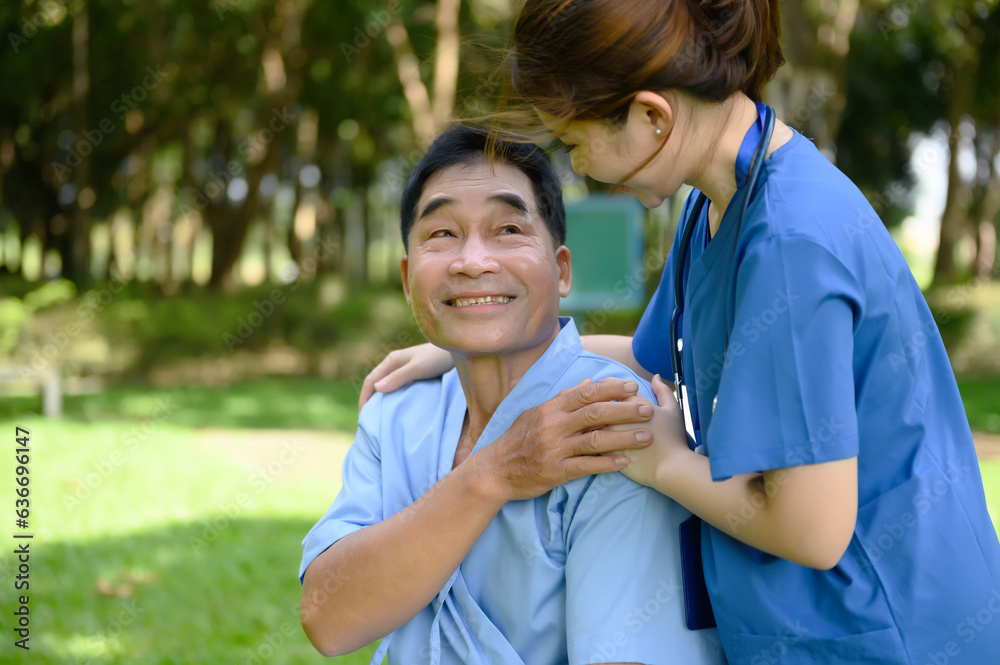 Asian Female Doctor Touching Hand of the Senior Patient to Give Encouragement while Maintaining Physical Health Rehabilitation.. Asian Female Doctor Touching Hand of the Senior Patient to Give Encouragement while Maintaining Physical Health Rehabilitation..