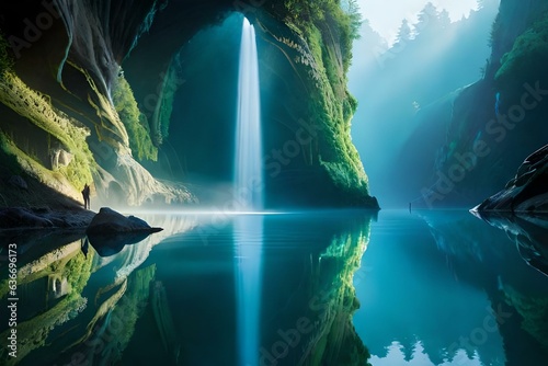 An ethereal underwater cave with rays of sunlight piercing through the water, illuminating the mysterious depths - AI Generative