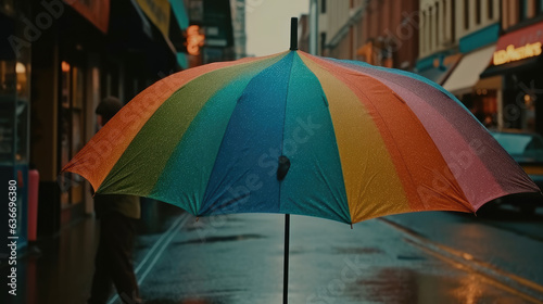 a rainbow colored umbrella flies through the streets of a city.