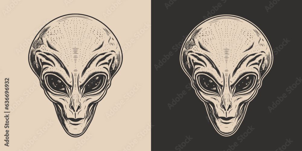 Vintage retro cartoon comics alien ufo creature humanoid person character spooky funny face portrait. 