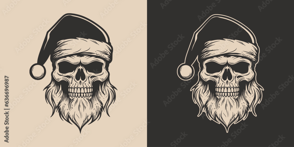 Vintage retro tattoo bad scary horror spooky skull skeleton santa claus in hat. Merry christmas xmas new year holiday halloween poster. Graphic Art. Engraving vector style