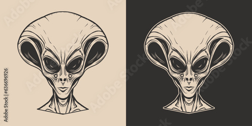 Vintage retro cartoon comics alien ufo creature humanoid person character spooky funny face portrait.