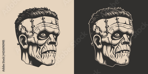 Vintage retro Halloween zombie dead frankenstein character face portrait. spooky scary horror element. Monochrome Graphic Art. Vector. Hand drawn element engraving
