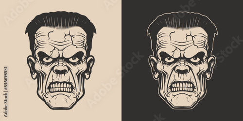 Vintage retro Halloween zombie dead frankenstein character face portrait. spooky scary horror element. Monochrome Graphic Art. Vector. Hand drawn element engraving © Graphic Warrior