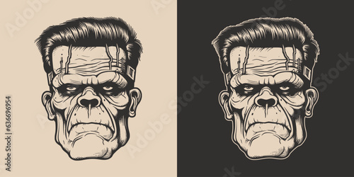 Vintage retro Halloween zombie dead frankenstein character face portrait. spooky scary horror element. Monochrome Graphic Art. Vector. Hand drawn element engraving