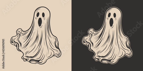 Vintage retro Halloween ghost character cartoon spooky scary horror element. Monochrome Graphic Art. Vector. Hand drawn element