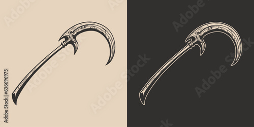 Vintage retro Halloween scythe reaper sword weapon element. Monochrome Graphic Art. Vector. Hand drawn element engraving