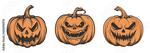 Set of scary spooky boo Halloween pumpkin lantern monster. Traditional autumn october american holiday symbol. Graphic Art