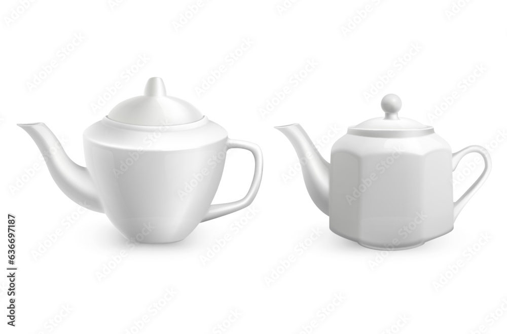 Teapot set. White porcelain utensil. ceramic Crockery different forms. Tableware for morning drinks. Tea ceremony. Cafe kitchenware. Realistic isolated elements. vector 3d illustration Teapot set. White porcelain utensil. ceramic Crockery different forms. Tableware for morning drinks. Tea ceremony. Cafe kitchenware. Realistic isolated elements. vector 3d illustration