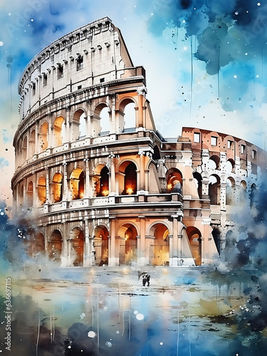 Watercolor Illustration, ancient Roman landmarks with Colosseum at the center. AI Generated Images