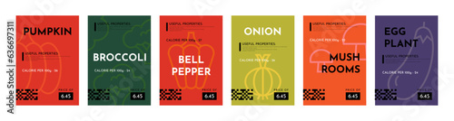 Minimal food posters. Vegetable label, abstract simple fall trendy vitamins, vegan icons. Grocery flyers bright design. Organic products pumpkin, pepper, and mushrooms vector flat illustration