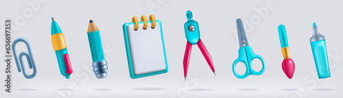 3D school pencils. Study or education elements. Stationery tools. Pen and scissors. Paper notebook. Highlighter marker. Plastic paintbrush. Clip and compass. Vector render objects set