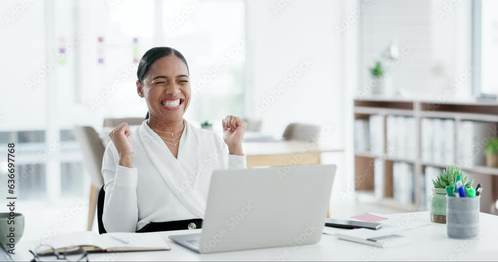 Business woman, fist celebration and laptop with smile, goals and success in trading, gambling or investing. Entrepreneur, computer and excited dance for profit, bonus or sales with financial freedom Business woman, fist celebration and laptop with smile, goals and success in trading, gambling or investing. Entrepreneur, computer and excited dance for profit, bonus or sales with financial freedom