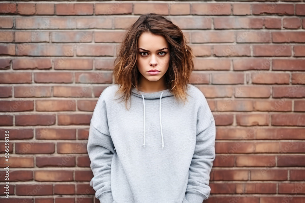 Anger European Girl In Gray Sweatshirt On Brick Wall Background