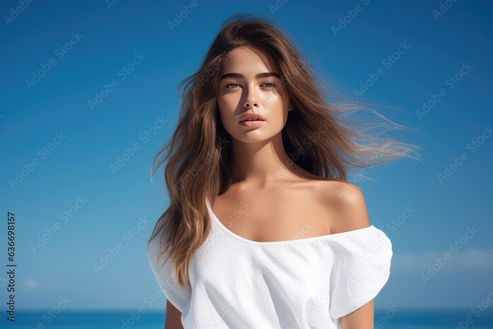 Beautiful Woman Years Old In Beach White Clothes On Blue Background Beautiful Woman Years Old In Beach White Clothes On Blue Background