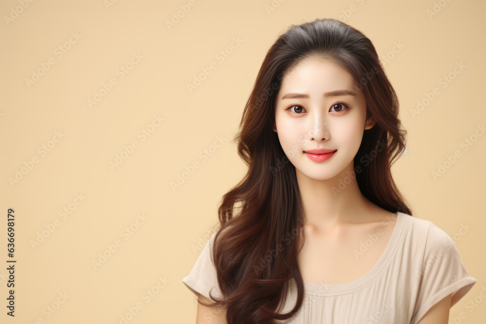 Beautiful Young Happy Chinese Woman On Beige Background Beautiful Young Happy Chinese Woman On Beige Background