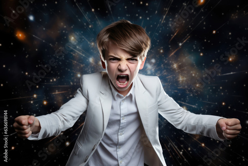 Anger European Boy In White Cardigan On Galaxy Stars Background photo