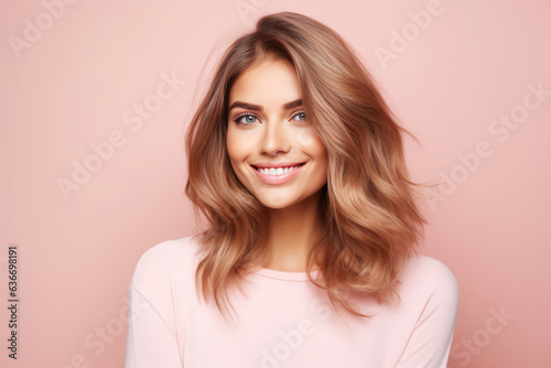 Beautiful Young Happy European Woman On Pink Background
