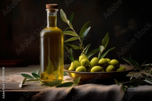 Olive oil and green olives on a wooden table, created by Generative AI