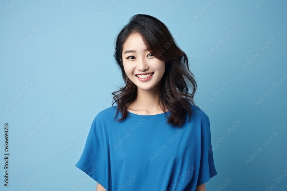 Beautiful Young Happy Japanese Woman On Blue Background Beautiful Young Happy Japanese Woman On Blue Background